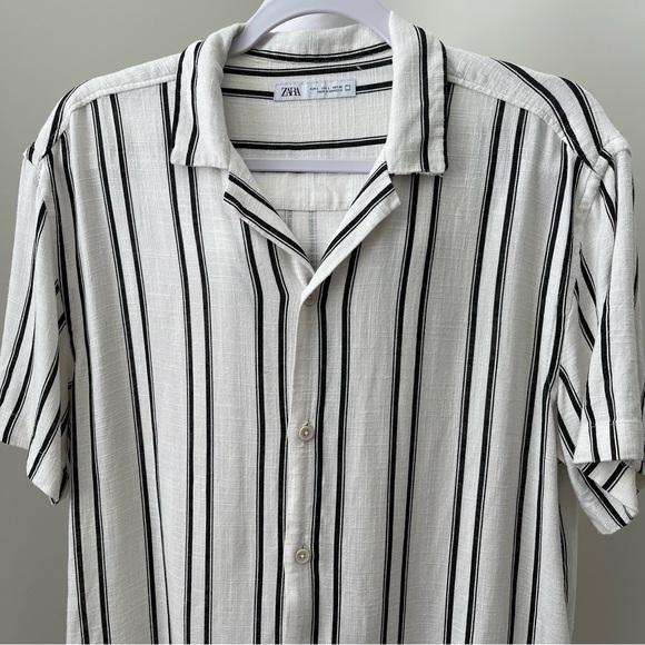 Zara Linen Blend Striped Button Down Shirt Size Large - Picture 2 of 6